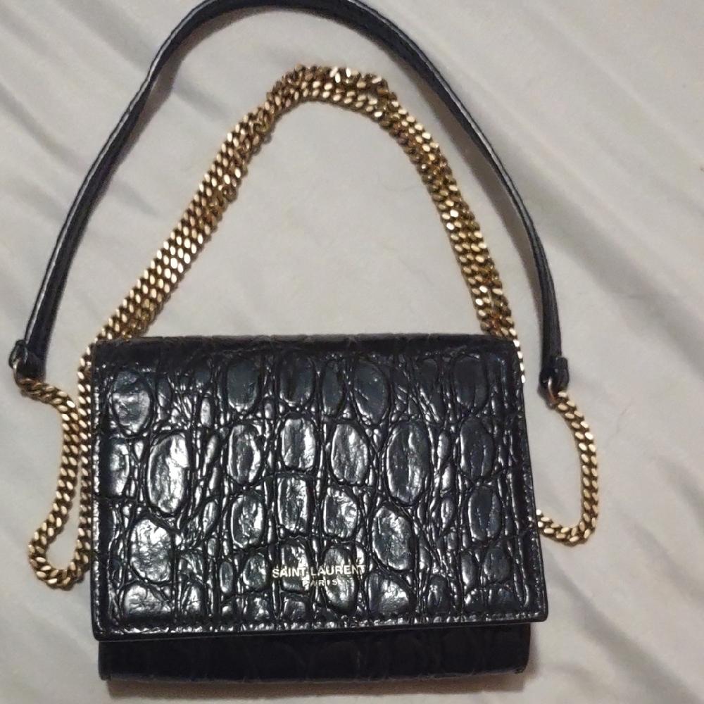 Saint Laurent Black Croc-Embossed Crossbody with Gold Chain
